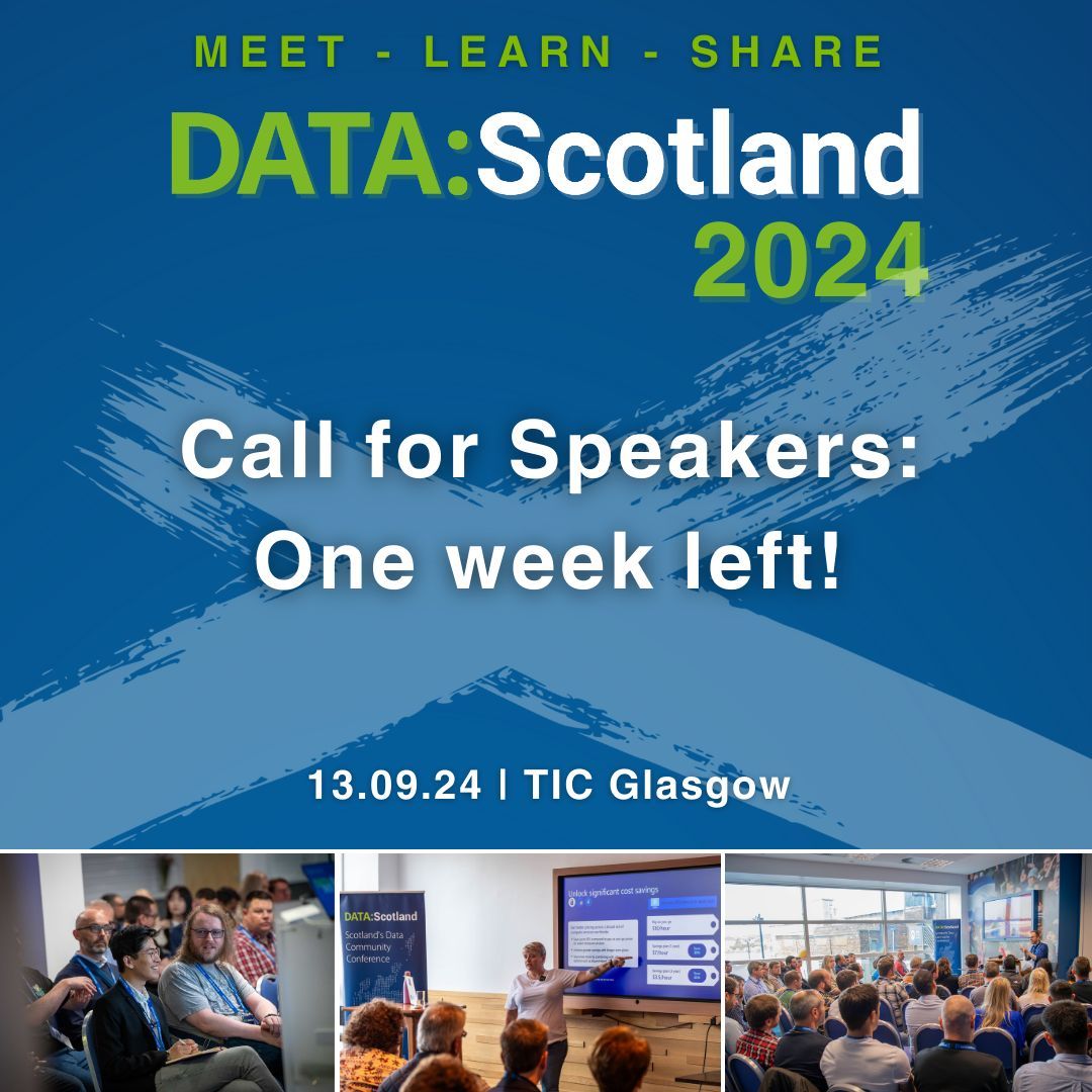 One week left to submit! 💚💙
Our call for speakers closes in one week, on April 21st. We welcome new speakers and veterans, and have a mentor programme in place for any new speakers who want extra support. Submit here: buff.ly/3SVwiht
#DataScotland2024 #DataCommunity