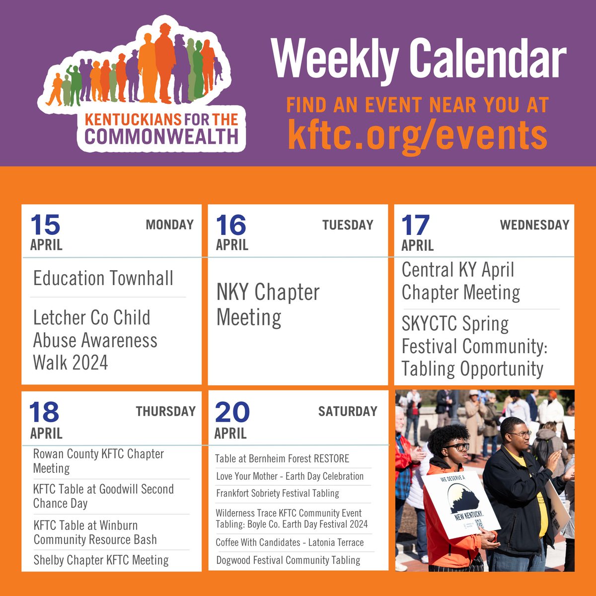 Looking to make a difference in Kentucky this week? Join us at Kentuckians For The Commonwealth for some incredible events happening near you or virtually! Check out the full schedule at kftc.org/events and let's work together to create positive change in our state! 🤝