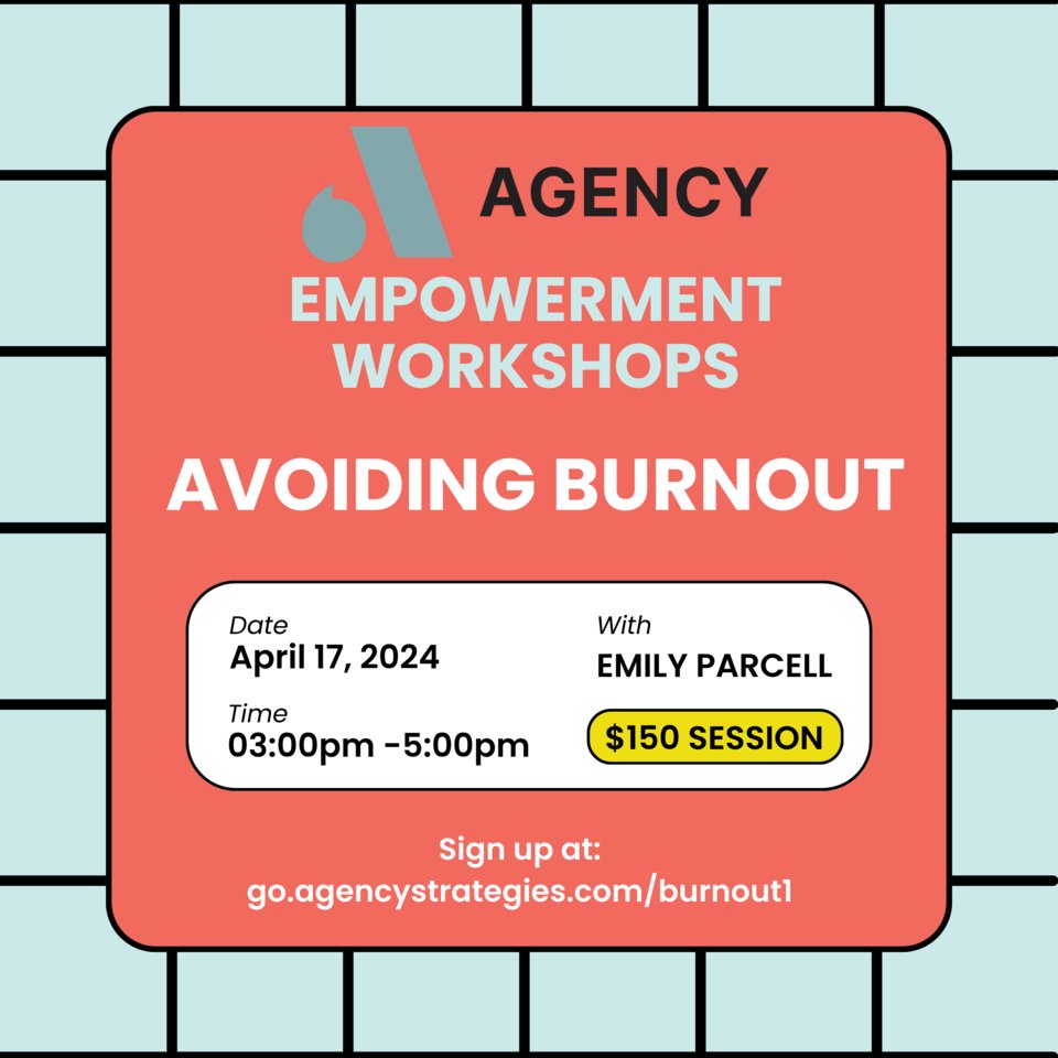 Last call for our AGENCY Empowerment workshop on [Name of Event]. Join us and help change the culture of professional politics.

Sign up at: go.agencystrategies.com/burnout1

#politicalprofessionals #selfcare #wellness #stoptheburnout