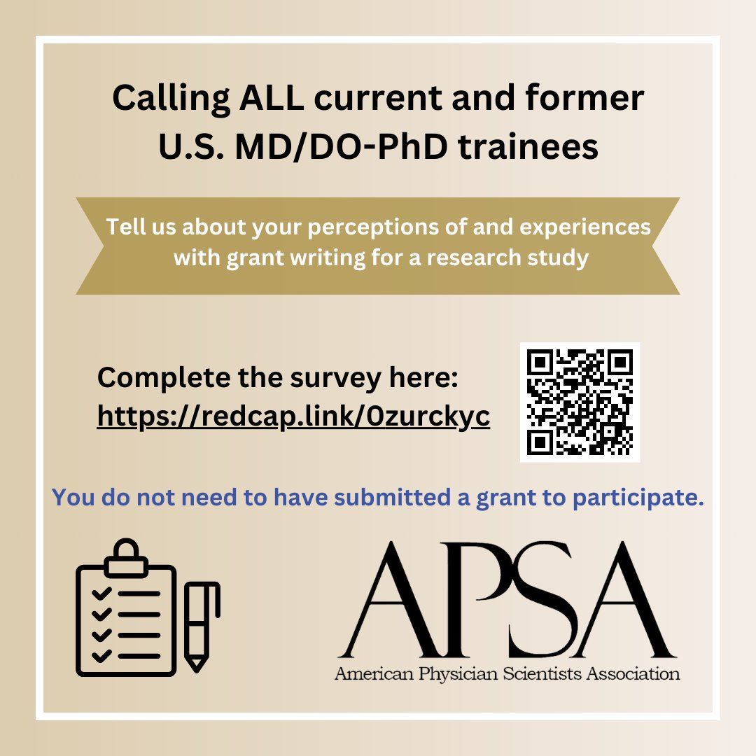 ⭐Calling all current & former MD/DO-PhD trainees: Tell us about your perspectives on and experiences with grant writing for a research study. You do not need to have submitted a grant to participate. Complete the survey here: redcap.link/0zurckyc #doubledocs #GrantFunding
