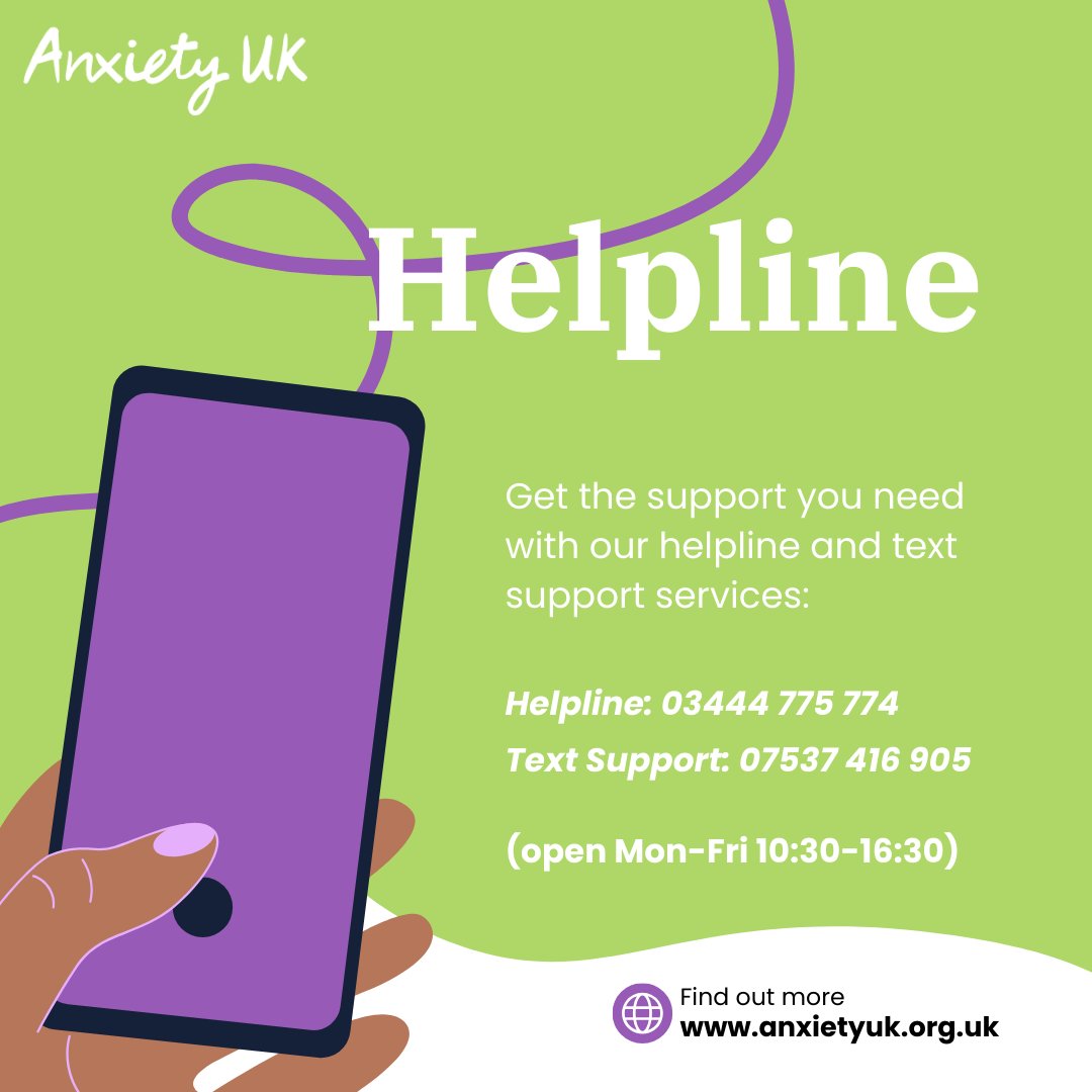 Get real time support from someone who gets it... Helpline: 03444 775 774 Text support: 07537 416 905 Find out more here: anxietyuk.org.uk/get-help/helpl… #anxietyhelpline #textsupportservice #anxietyuk