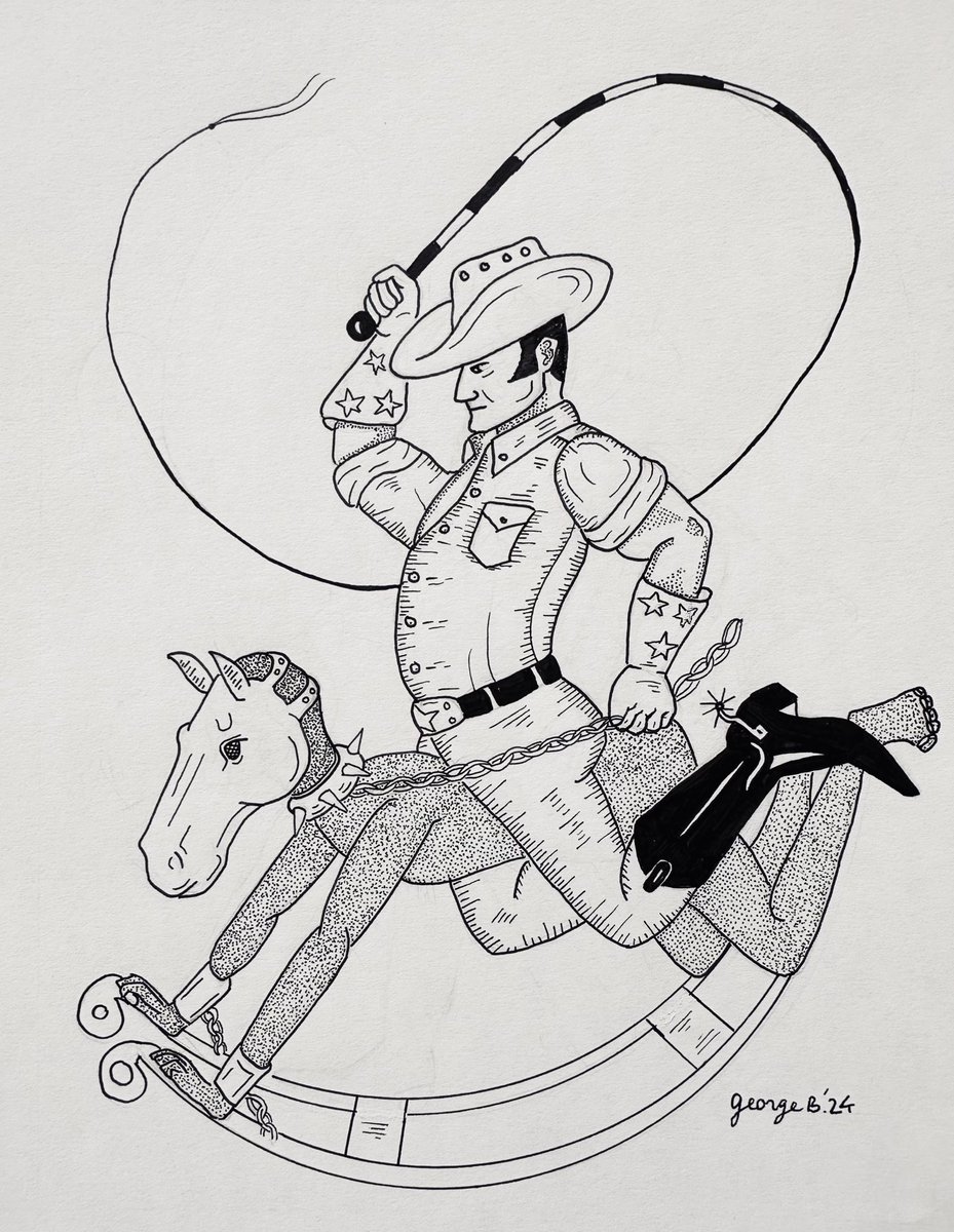 ride ‘em cowboy! 2024 ink drawing #art #drawing #ink #stippling #cowboy #cowboyboots #cowboyhat #sendras #sendraboots #bullwhip #whip #ponyplay #horse #rockinghorse #bdsm #bdsmart #whipit #followart