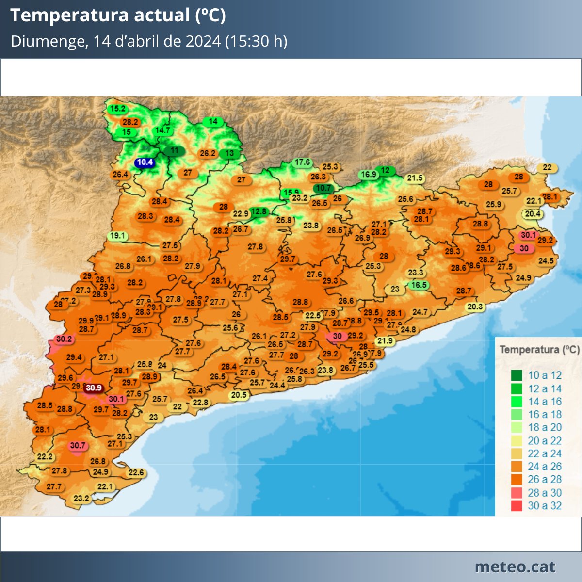 Diumenge amb sol i calor en general! Ara mateix, la temperatura se situa entre els 25 i els 30 °C a bona part del territori, excepte a punts de la costa on es mou entre els 20 i els 23 °C. 🌡👉 meteo.cat/observacions/x…