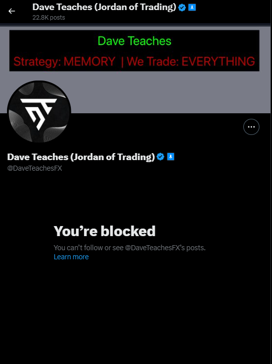 Dr_Cryptonite90's tweet photo. I asked @DaveTeachesFx whether he blew his APEX account and this clown blocked me. @StoicTA @POPECAPITAL @KyleTrades2   Is this clown your mentor? He has videos on risk management and blew his account with just one payout. What a fool. #DTFX https://t.co/qSQeT3PUlW