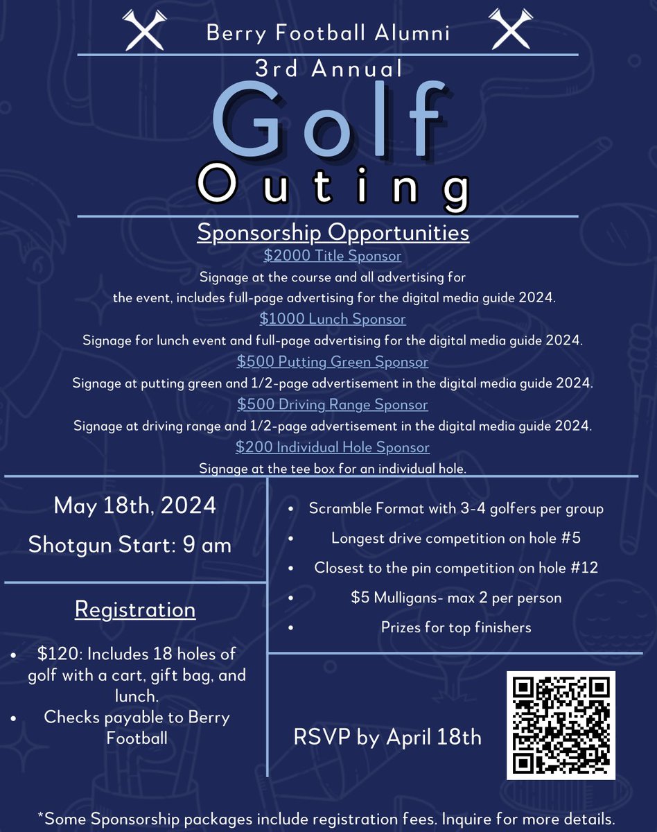 There is still time to RSVP for our Alumni Golf Outing Saturday, May 18th 2024!! ⛳️🏌️ Location: Stonebridge Golf Club. Rome, GA Register Today: berry.regfox.com/berry-football… #berryfootball