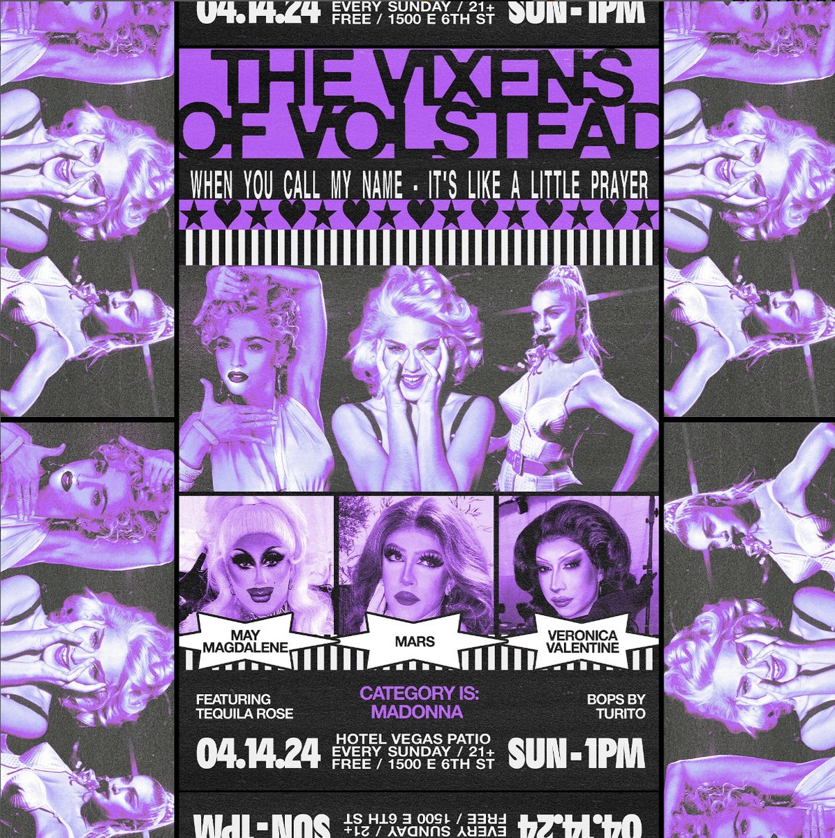 ☆ SUNDAY ☆ ✰✰ FREE on the patio #VixensofVolstead SUNDAY BRUNCH‼️ ** DOORS NOON + SHOWTIME 1PM** ✨ bops by Turito! 🌮 breakfast tacos served at the bar! ✰✰ LATER inside LADY DAN SUNDAY RESIDENCY! Doors at 9 9:30 - BRIDES 10:15 - MVTANT 11 - LADY DAN 11:45 - PORCELAIN