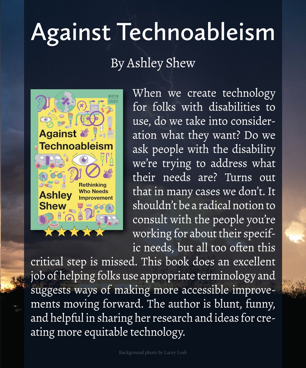 coloringwlacey's tweet photo. "Against Technoableism" by Ashley Shew (a review) It shouldn’t be a radical notion to consult with the people with disabilities you’re working for about their specific needs, but too often this critical step is missed. Please read this book! ⭐⭐⭐⭐⭐ https://t.co/fLISjdLBNj