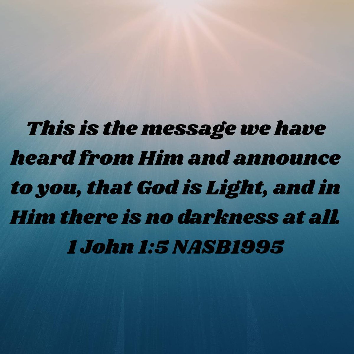 1 John 1:5 NASB1995 [5] This is the message we have heard from Him and announce to you, that God is Light, and in Him there is no darkness at all. bible.com/bible/100/1jn.…