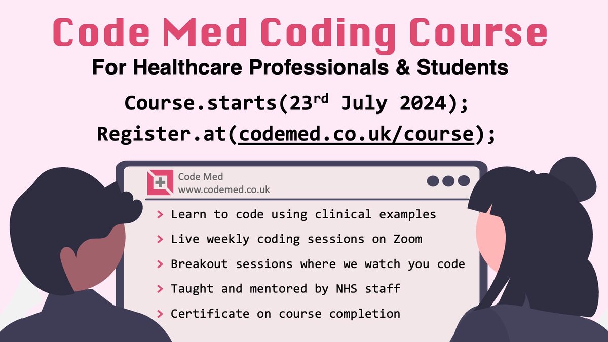 Look forward to starting the next <a href="/Code_Med_/">Code Med</a> coding course next week

Our April cohort is now sold out, we had over 150 sign ups 🤯

But don't worry if you've missed out, we've just released our July cohort 🤩

Sign up: codemed.co.uk/course/

#MedTwitter