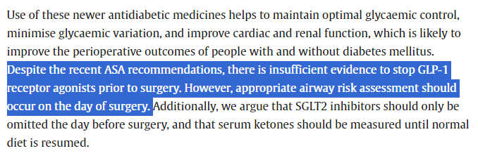 Here a view from the UK in this editorial @BJAJournals Perioperative use of GLP1RA agonists and SGLT2 inhibitors for diabetes mellitus sciencedirect.com/science/articl… @ketandhatariya @nicholasalevy @PNewlandJones @GerryRaDrGMagic @stinsley13