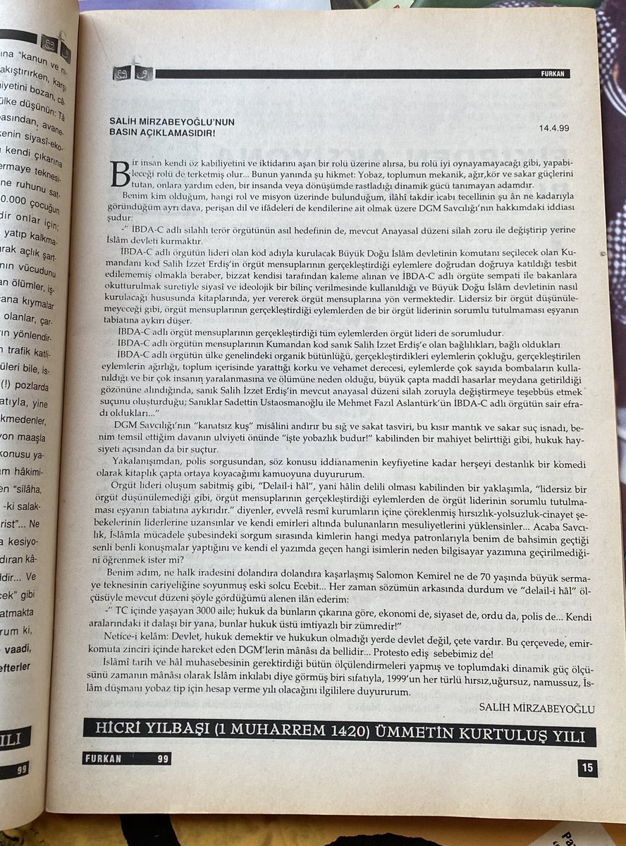 mechula_'s tweet image. 1999 yılının 14 Nisan günü-bugün- #Salih_Mirzabeyoğlu’nun tamamen hukuksuz şekilde açılmış mahkemesini “PROTESTO EDEREK” gitmemesine dair basın açıklaması. 

#FurkanDergisi. #İBDA #DevletDeğilÇete
