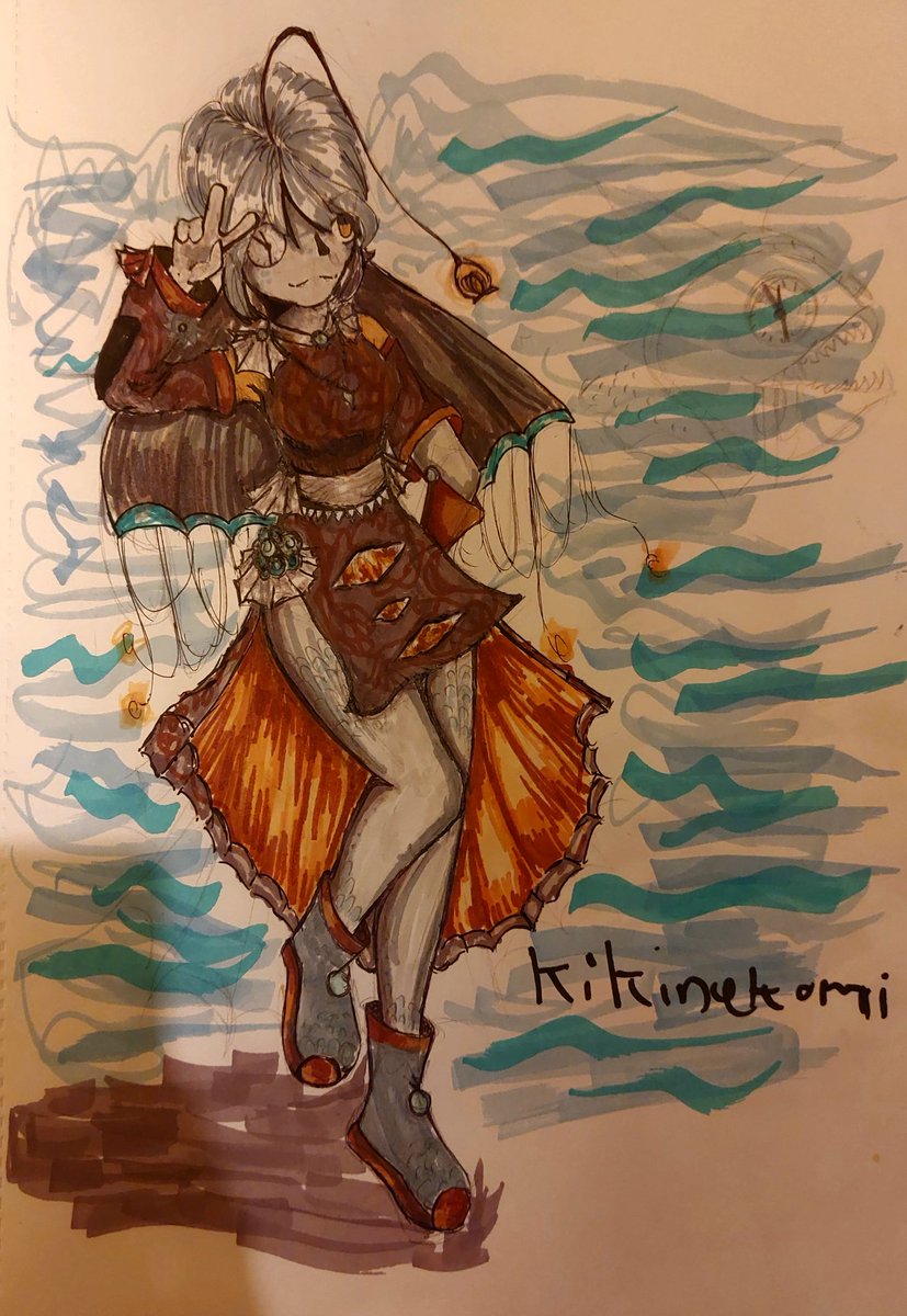 Kikinekomi's tweet image. A lil coloured drawing I did :D
#art #fish
#fishpeople
#anime #animeart #traditionalart 
#markers #colour