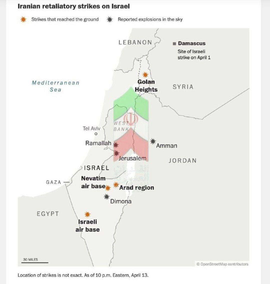 🇮🇷 🇮🇱 El Washington Post publicó un mapa de los lugares donde los misiles iraníes alcanzaron con éxito y se confirmaron impactos de misiles en el aeropuerto Ramon, la base Novatim y un objetivo en los Altos del Golán. Se inutilizaron dos aeródromos militares. Vía @GuerrasyGeop