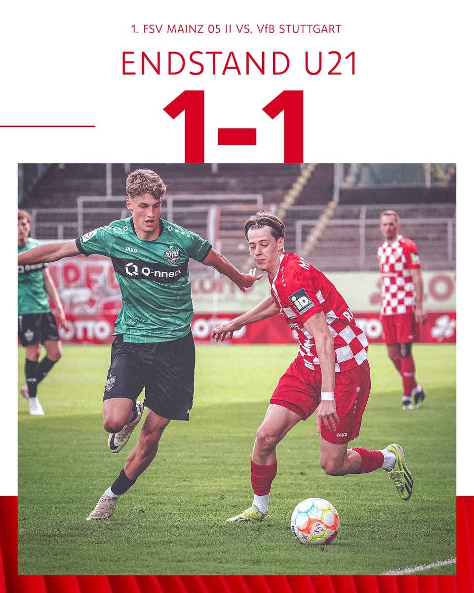 Das war es im Bruchwegstadion. In Hälfte zwei passiert nicht mehr ganz so viel, sodass es am Ende bei einem leistungsgerechten 1:1 zwischen dem 1. FSV Mainz 05 II und der #VfBU21 bleibt. Dejan Galjen hatte den #VfB in Führung gebracht. #jungundwild