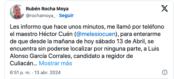 Desde el día de ayer fue reportado el hecho.
Reportan Desaparición de Candidato a Regidor de Culiacán en Sinaloa
El gobernador de Sinaloa #RubénRochaMoya pidió a la Fiscalía del Estado, de la República, la Sedena y la Guardia Nacional ayudar en la búsqueda del candidato