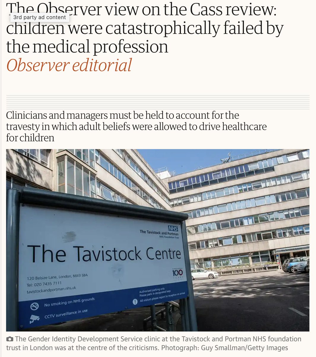 The Observer weighs in on the Cass Review with an editorial: Children were catastrophically failed by the medical profession Clinicians and managers must be held to account for the travesty in which adult beliefs were allowed to drive healthcare for children.