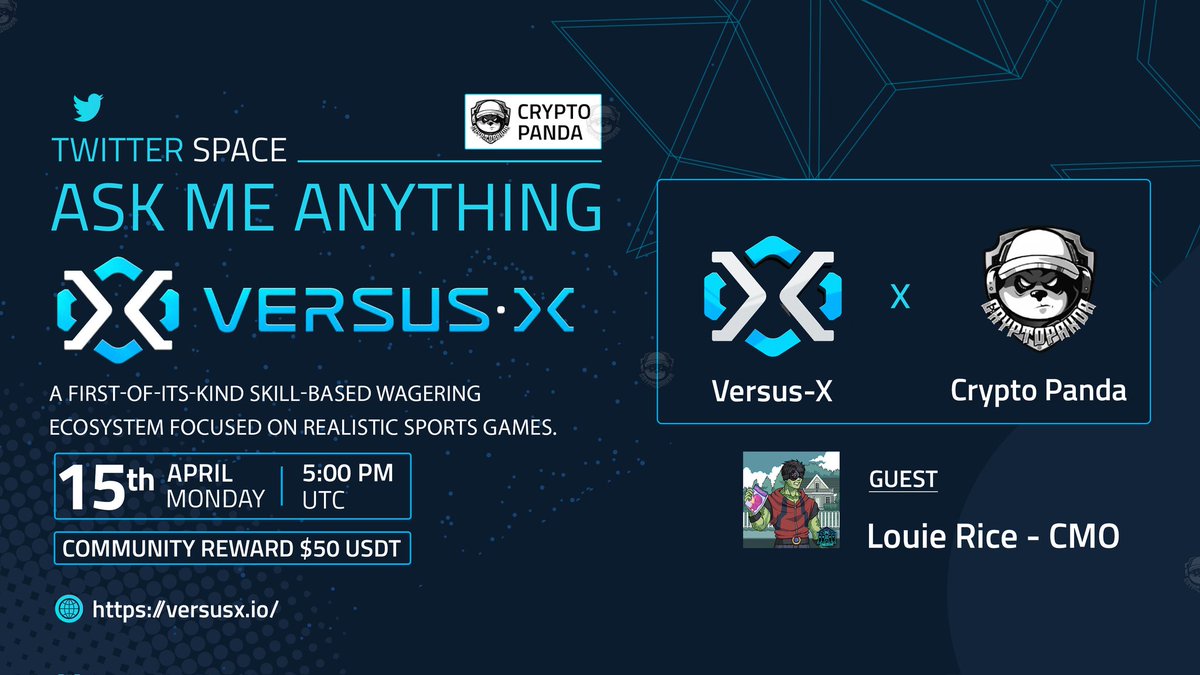 Join us for the X space #AMA with @PlayVersus_X 📢 Guest : Louie Rice - CMO 🕰️15th April - 5:00 PM UTC 🎁 Reward: $50 USDT 🏠 Vanue :- @CryptoPanda_gl 🔸 Set Reminder :- x.com/i/spaces/1eaKb… 🔺Rules: ♂️Follow Twitter :- @CryptoPanda_gl & @PlayVersus_X ♂️ Like &…