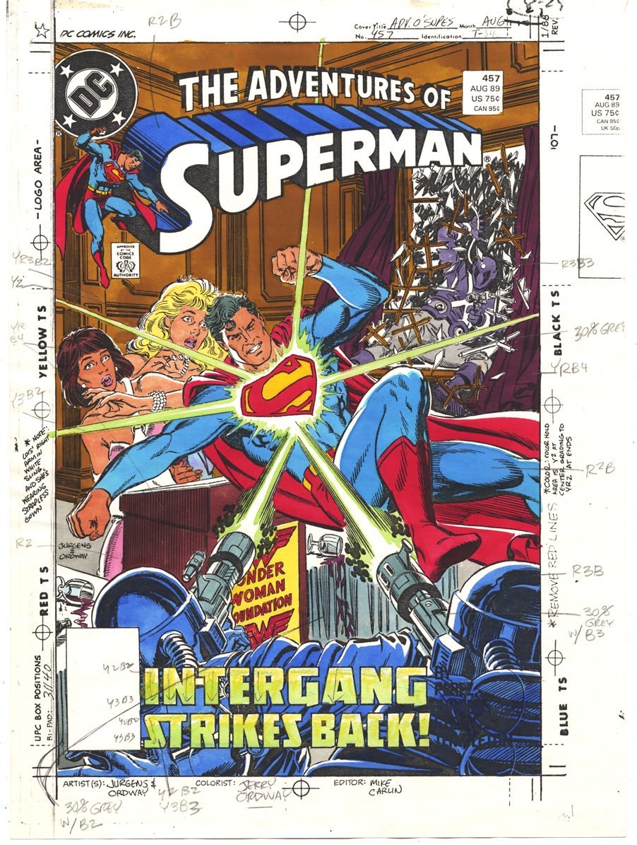 Blast from the past, an Adventures of Superman cover pencilled by Dan Jurgens, inked by me, and colored by me in the pre digital age, where you did the color guide, then specified the color percentages in pencil for the people who performed the color separations for print.