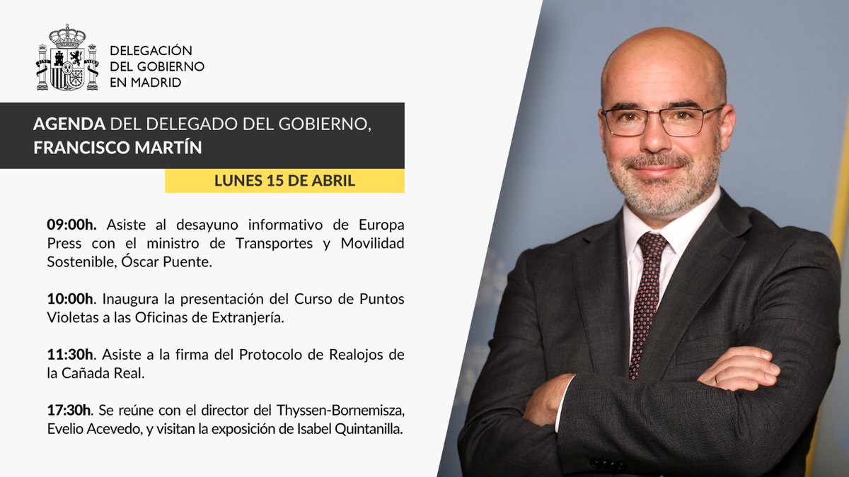 🗓️¡Agenda del 15/04! @franmartagui asiste al desayuno de @europapress con @oscar_puente_ y a la presentación del Curso de Puntos Violetas a oficinas de Extranjería. Después, asiste a la firma del Protocolo de Realojos de #CañadaReal y se reúne con el director del @MuseoThyssen.