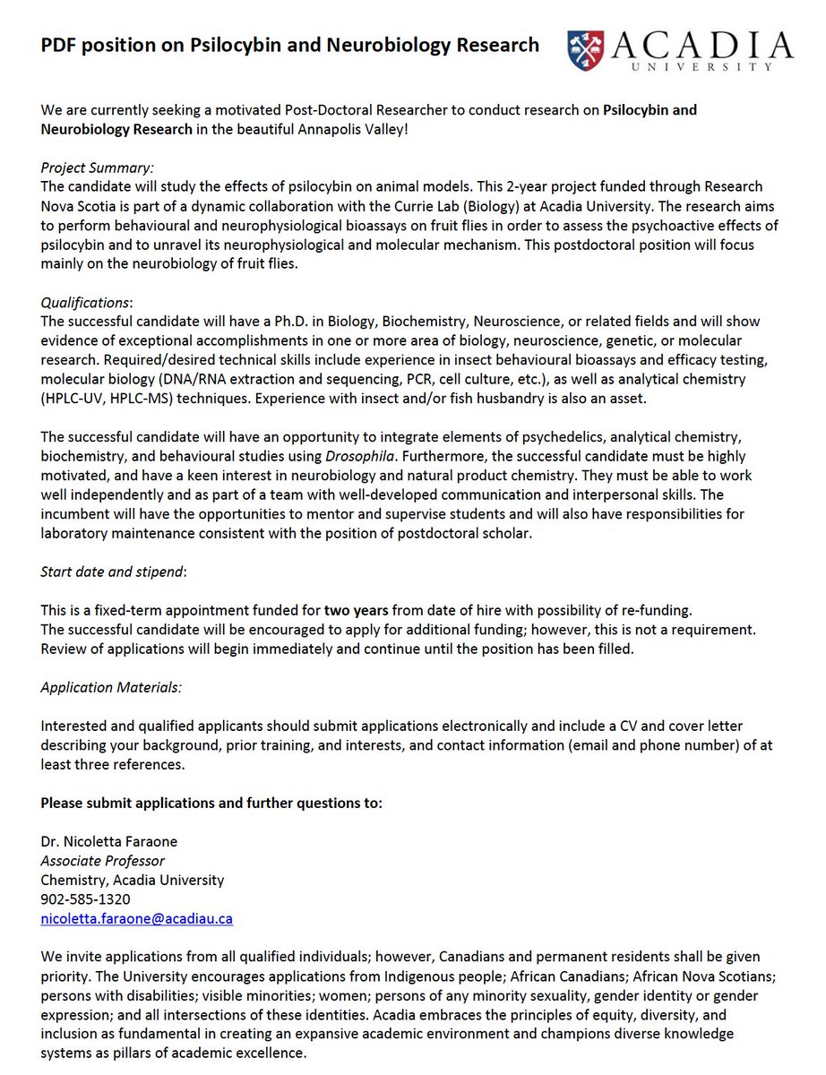 Post-doc position available in my lab! If you are interested in studying the neurobiology of psilocybin using Drosophila as model, see below. Spread the word! @AcadiaU @acadiaresearch @Drfishchick