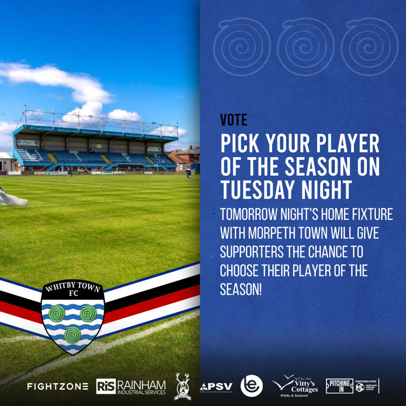 WhitbyTownFC's tweet photo. Make your vote count! 🗳️

Supporters will be given the chance to choose their Player of the Season at tomorrow night's match! 🙌
