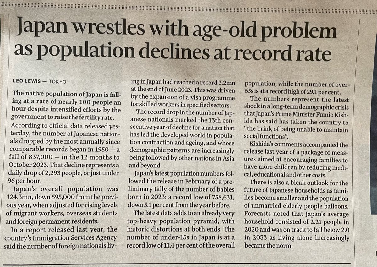 Demography is Politics. Japan’s population decline features on front page of weekend @FT. But it’s not an outlier: 30+ countries, including most in Eastern Europe, are already losing population. More on this in the forthcoming @Ipsos Generations Report 2024 📉