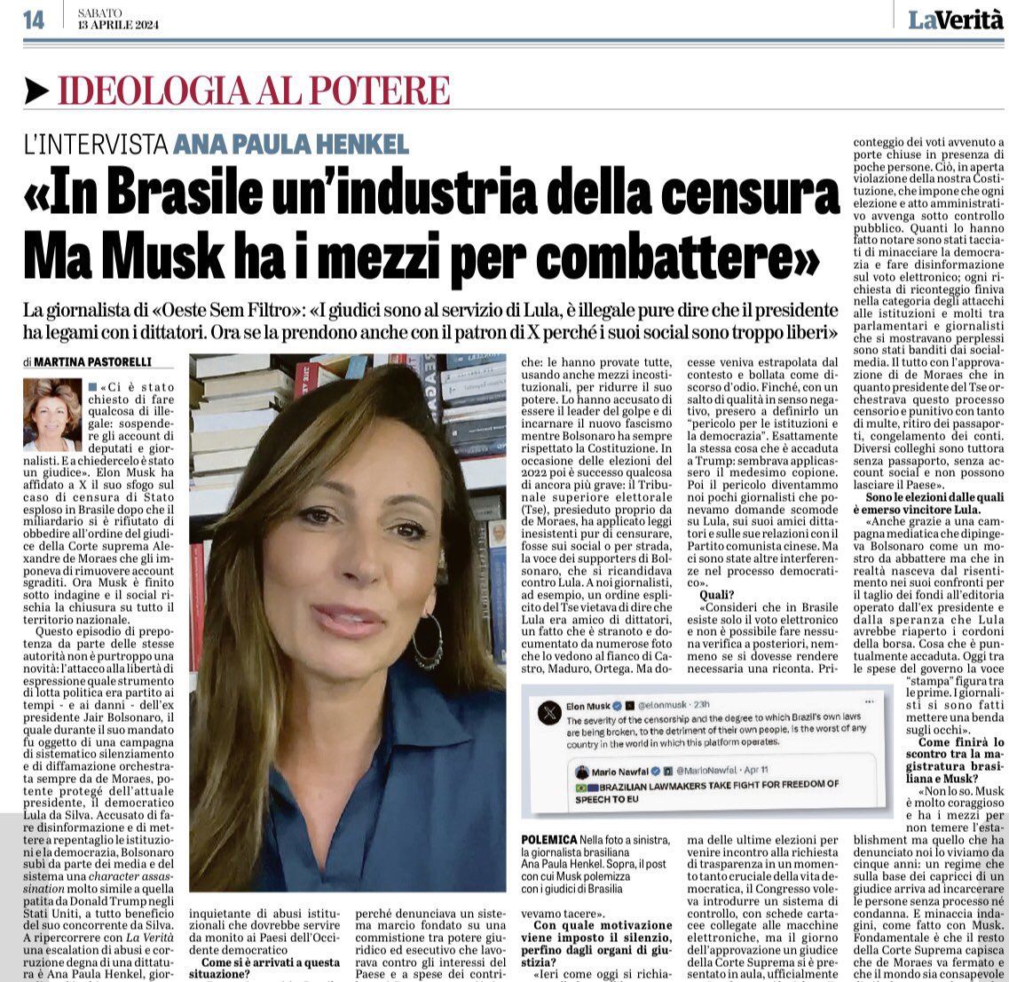 🚨 DO BRASIL PARA O MUNDO 🌍 “🇮🇹 🇧🇷 No #Brasil, juízes a serviço de Lula censuram e punem quem não se alinha e se atreve a fazer perguntas sobre o presidente. Última vítima @elonmusk , agora investigada.” @LaVeritaWeb através de @CathVoicesITA entrevistou a @AnaPaulaVolei