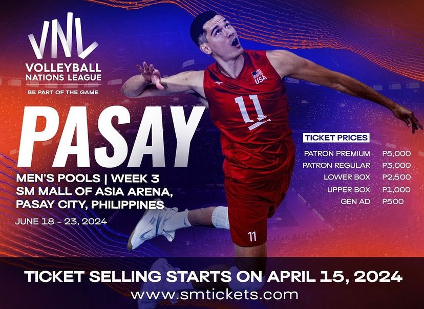 Tickets for VNL 2024 will be available on April 15, 2024 at 6 pm!! Available on both online ( smtickets.com ) & SM Ticket outlets! *Thank you for the correction!