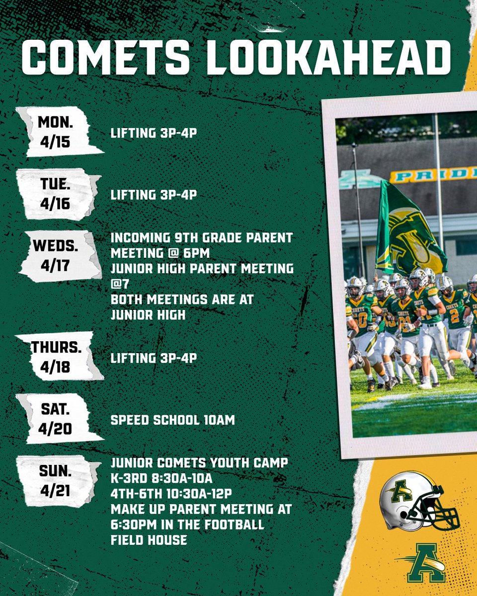 Comet Look Ahead, 9th Grade and Junior High Parent Meetings on Weds, Make up Parent meeting for any grade Sunday 4/21 @ 6:30 in Football Field House #PCE @SteeleComets @AJHComets @AmherstQb @AmherstFootball