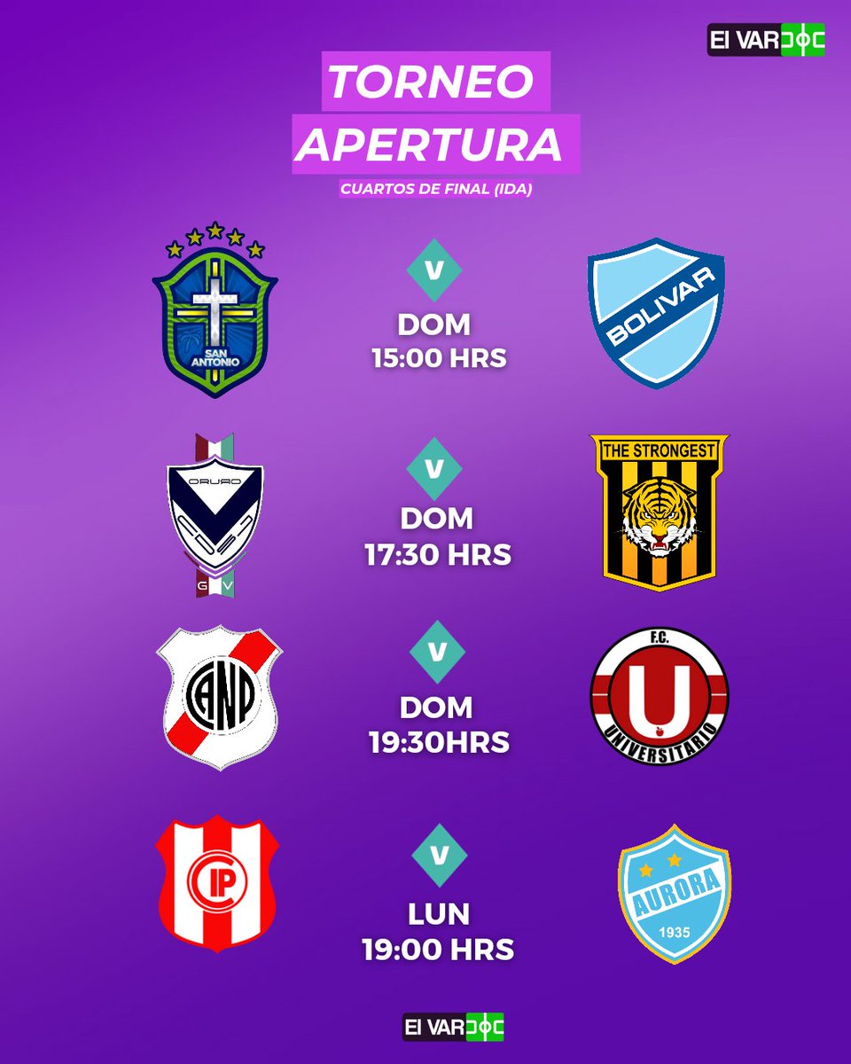 🚨🏆| Cuartos de Final!!🔥

#CopaPaceña! Continúa el fútbol Nacional con los partidos de ida de los Cuartos de Final aquí te dejamos los cruces y horarios que inician el día de hoy Domingo!!!

#DivProfesional #Bolivia #Fútbol #FBF #ElVar #Copa #TorneoApertura  #tigosportsbolivia