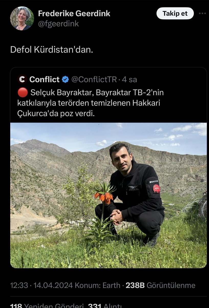 PKK terör örgütü destekçisi Frederike Geerdink, Selçuk Bayraktar’ın Hakkari ziyaretine tepki gösterdi: Defol Kürdistan’dan