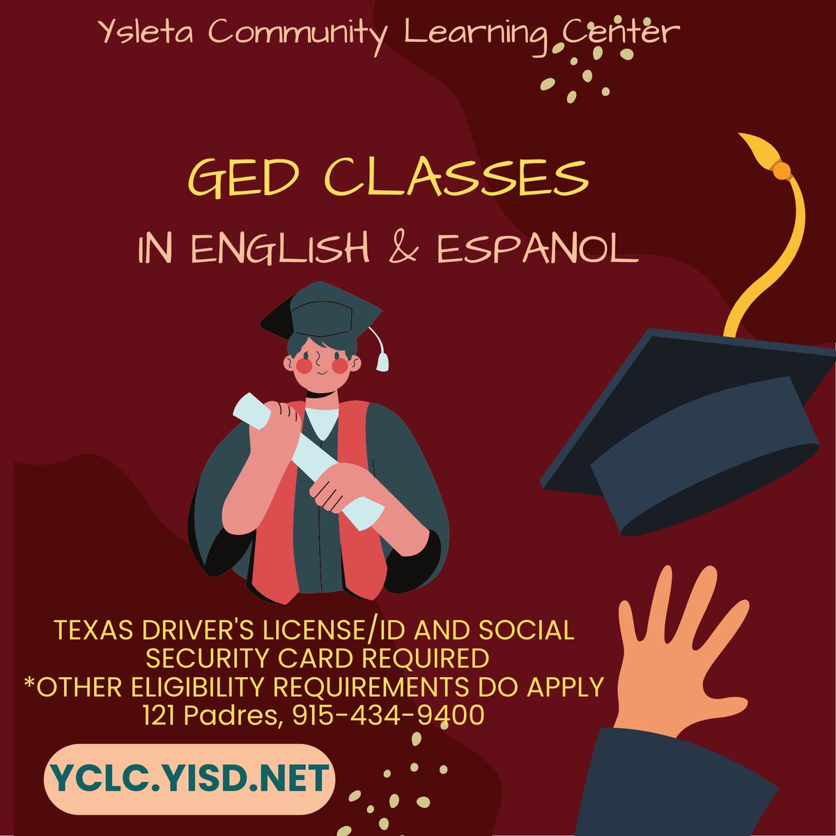 Obtain your GED! Morning, evening, English and Spanish classes available. Register 4-15-24 at 10:30 am or 4 pm. 915-434-9400. Located <a href="/121/">121 Group</a> Padres