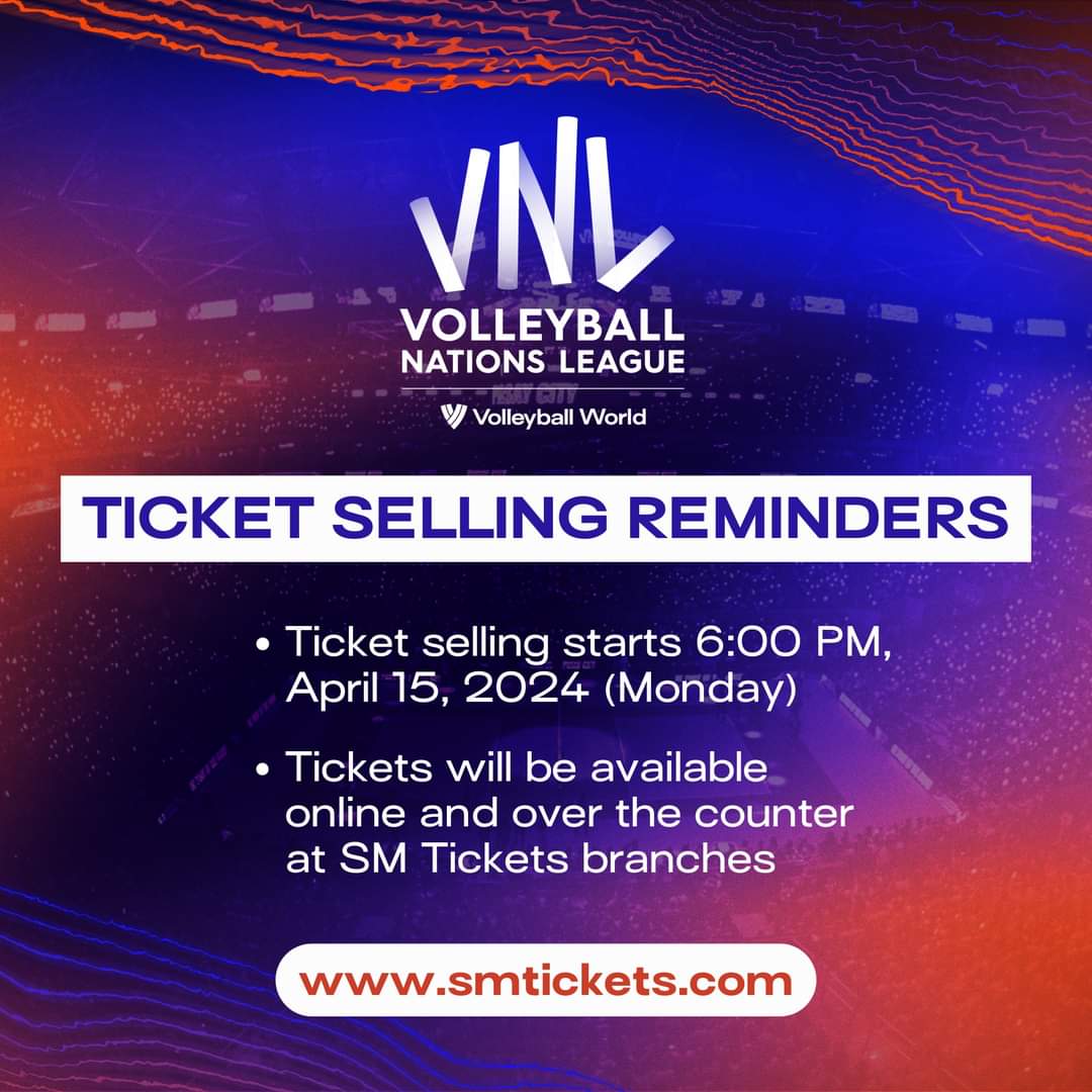 SET YOUR ALARMS! Ticket selling for the Philippine leg of #VNL2024 will begin tomorrow, April 15 (Monday), at 6PM. Get them via online at smtickets.com or at @smtickets outlets. #VNL2024AtMOAArena #ChangingTheGameElevatingEntertainment