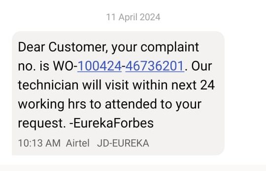 dsinha264's tweet photo. @EurekaForbes Absolute rubbish water purifiers and pathetic customer service. My purifier has been malfunctioning for a long time, filed a service request on 10/04/2024, and despite repeated attempts I've received ZERO support. I'm not able to have clean water since. https://t.co/4P0I7uB82x