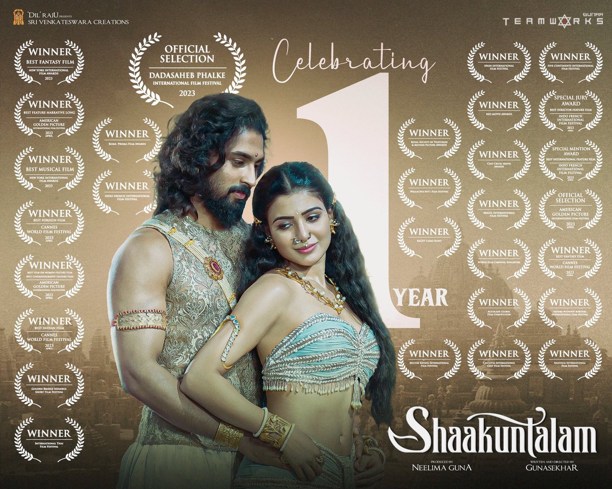 Today marks 1 year for the epic love story #Shaakuntalam 🤍✨

#1YearForShaakuntalam @Gunasekhar1 @Samanthaprabhu2 @ActorDevMohan #ManiSharma @neelima_guna @GunaaTeamworks @SVC_official @tipsofficial