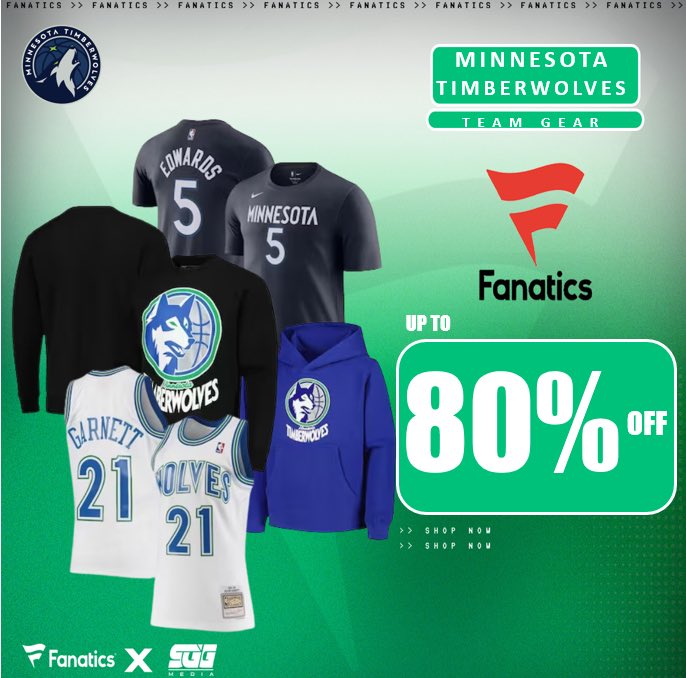 MINNESOTA TIMBERWOLVES END-OF-SEASON SALE, @Fanatics🏆 WOLVES FANS ‼️Gear up for the NBA Playoffs and get up to 80% OFF your team’s gear today using THIS PROMO LINK: fanatics.93n6tx.net/TWOLVESSALE 📈 DEAL ENDS SOON! 🤝