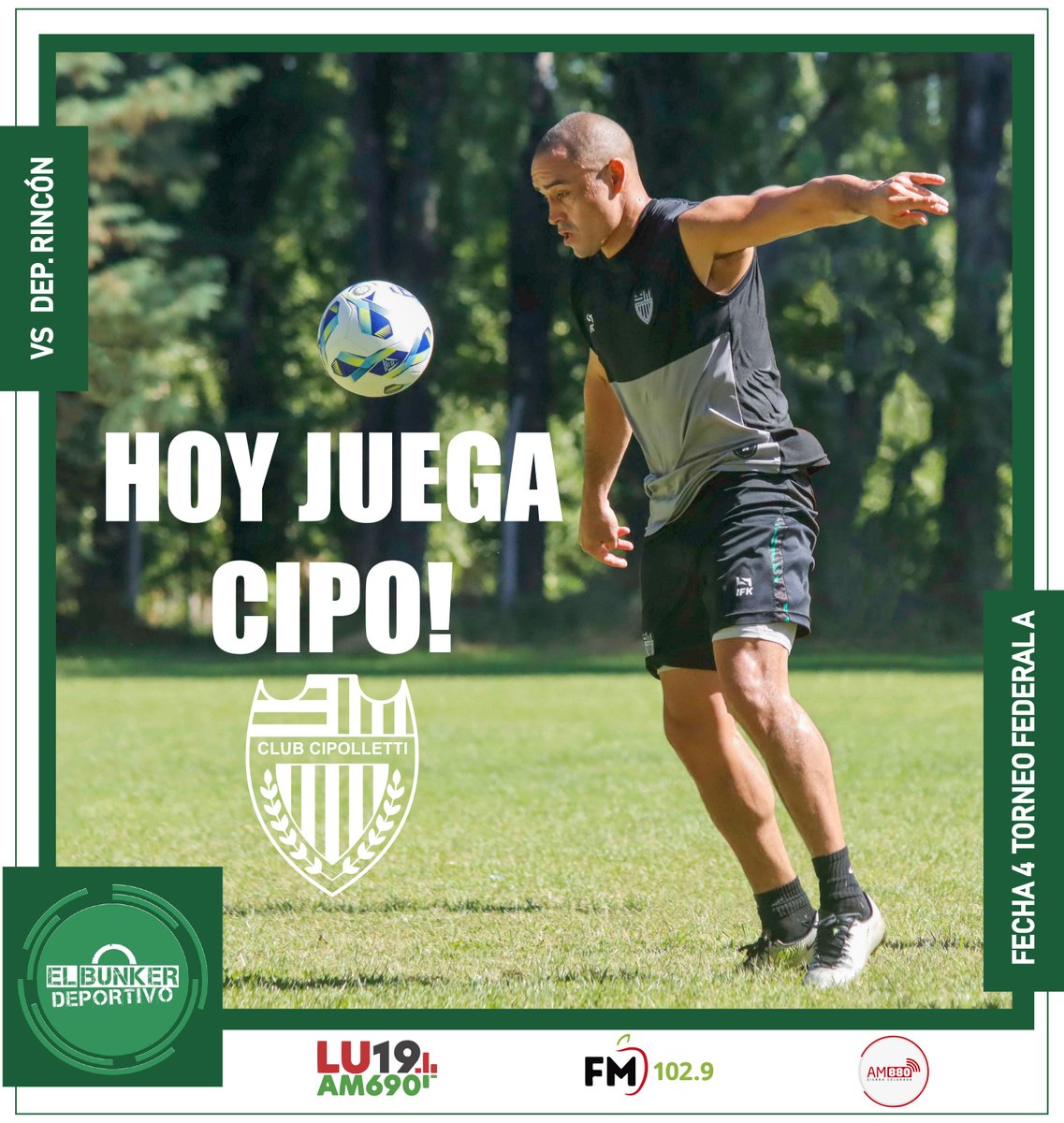 Fecha 4 #FederalA 
DEPORTIVO RINCÓN VS CIPOLLETTI
📻La previa desde las 14
🎙 El partido a las 16 hs
🏟 Ciudad Deportiva de Rincón de los Sauces

➡️ AM 690 La Voz del Comahue
➡️FM Comahue 102.9
➡️AM 880 de Sierra Colorada