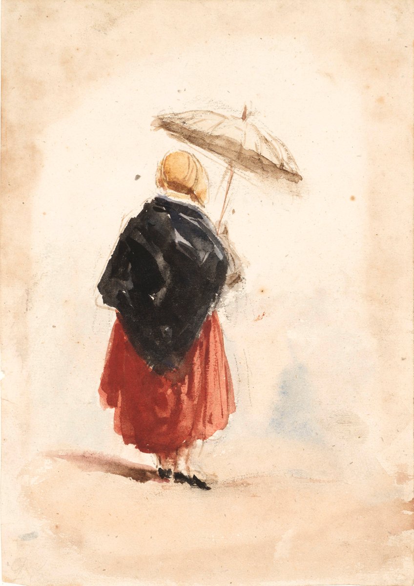 April showers bring May flowers... ☔ #DavidCox is famous for his landscapes but his portraits are just as eye-catching. In this delicate watercolour, he captures a fleeting moment in time: a woman in the centre of an impending rainstorm, the dark clouds circling around her. ☁️