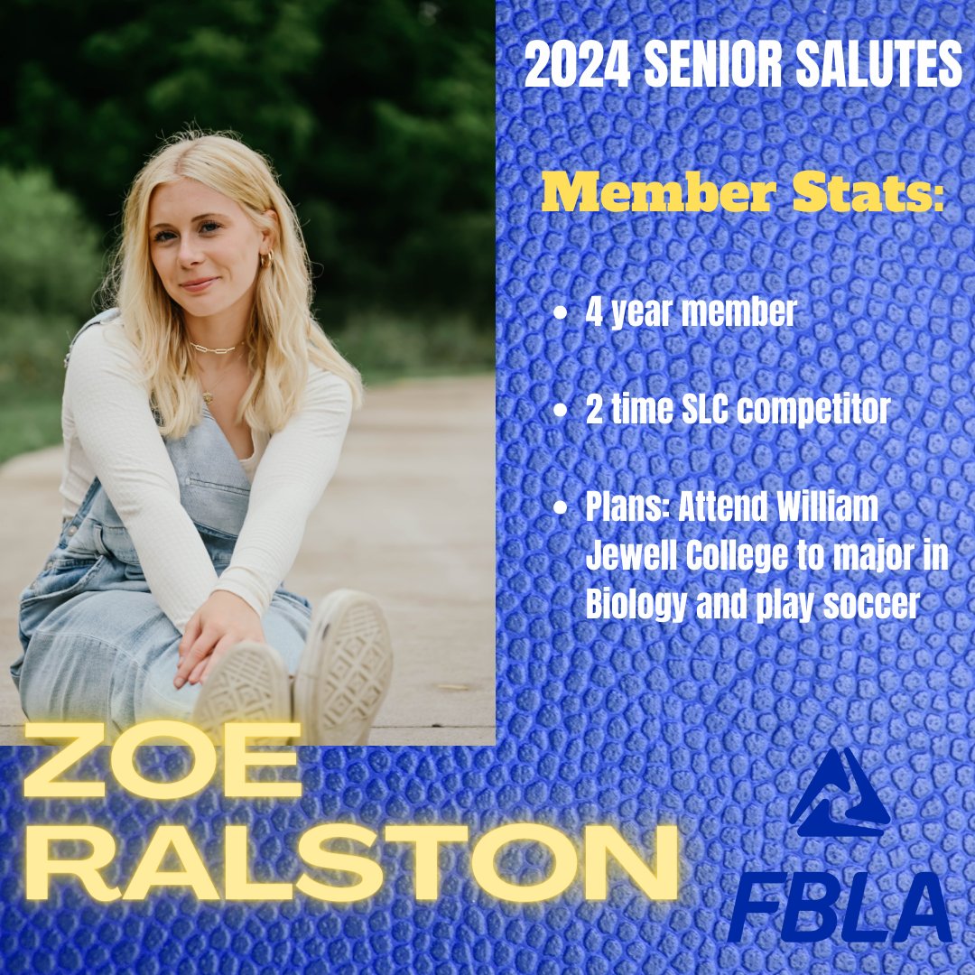 Our fourth #seniorsalute goes out to 4 year member Zoe Ralston. Zoe will be attending William Jewell College next year. She thinks people should join because they will learn a lot of real-world skills &amp; increase your sense of responsibility. Congratulations, Zoe 🎓