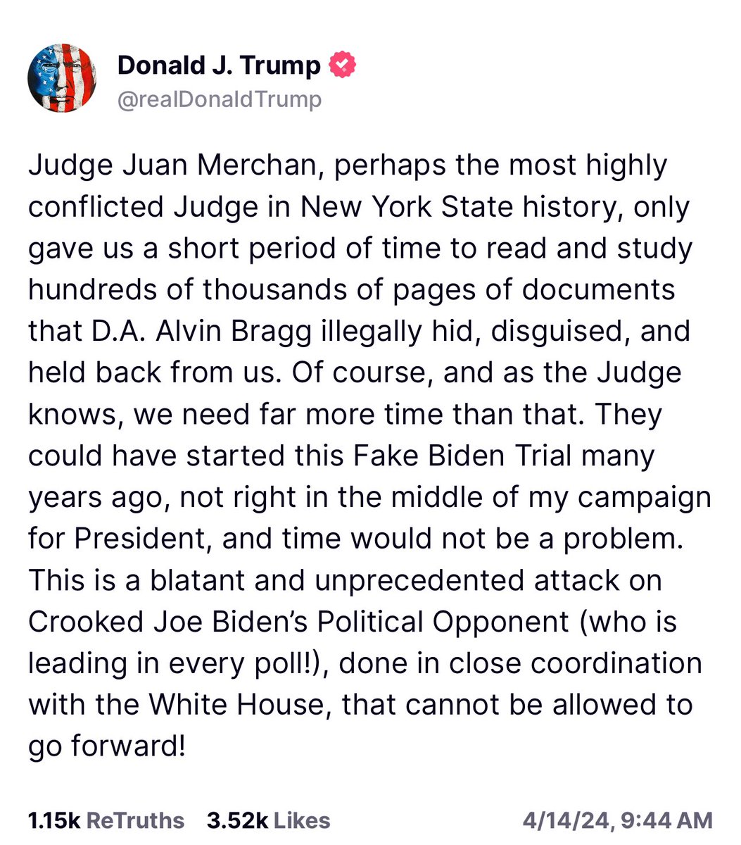 LauraLoomer's tweet photo. Ahead of his trial tomorrow in NYC, President Trump posted a new statement on Truth Social this morning about Judge Merchan.

I’ll be outside of the courthouse to support President Trump both as he arrives to court, and all day while he’s inside the courthouse! 

RALLY FOR TRUMP! https://t.co/ilKJnQrgjW