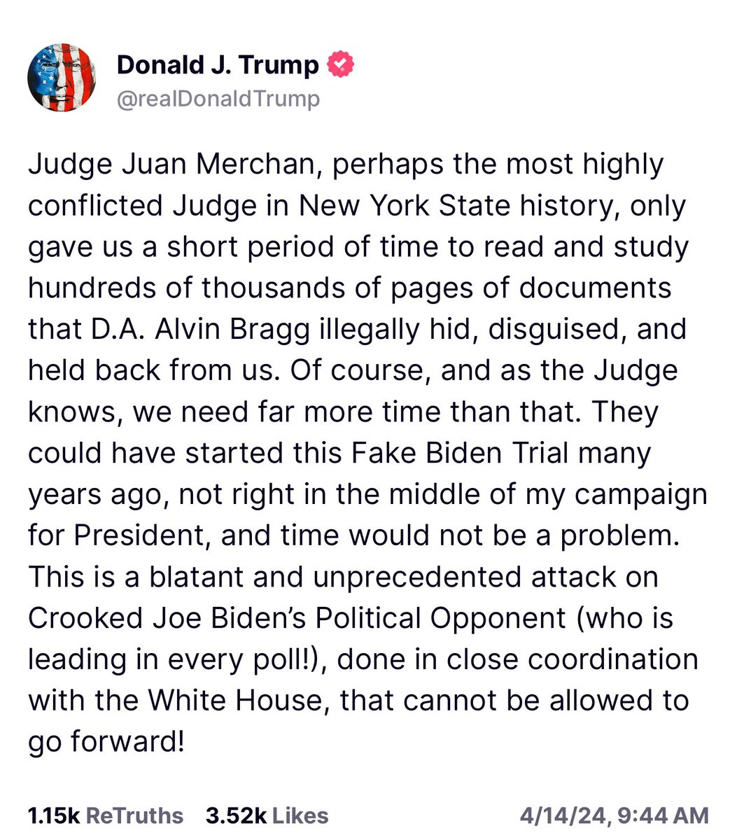 Ahead of his trial tomorrow in NYC, President Trump posted a new statement on Truth Social this morning about Judge Merchan. I’ll be outside of the courthouse to support President Trump both as he arrives to court, and all day while he’s inside the courthouse! RALLY FOR TRUMP!