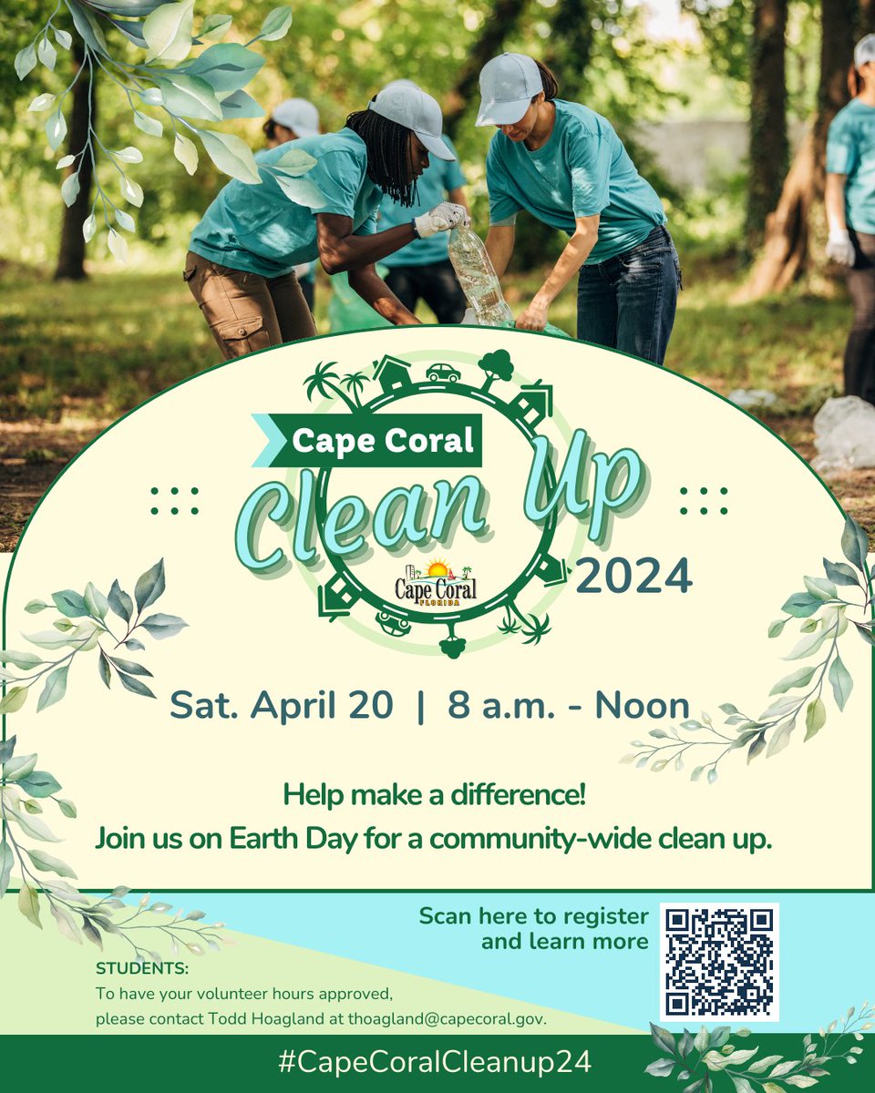 🌍 Join us for the Citywide Earth Day Clean-Up on April 20, 8 a.m. - 12 p.m.! Sign up online, gather friends & family, and clean up your neighborhood. Share photos using #CapeCoralCleanup24. Let's make a difference together! Details: bit.ly/3VH0sH3 ♻️🚮 #EarthDay