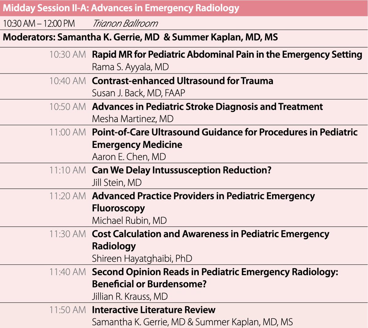 We have an ⭐️ all star ⭐️ lineup of midday sessions today! Learn about quantitative #USRad, pearls and pitfalls in research, and advances in #EMRad. #pedsrad #imagingourfuture