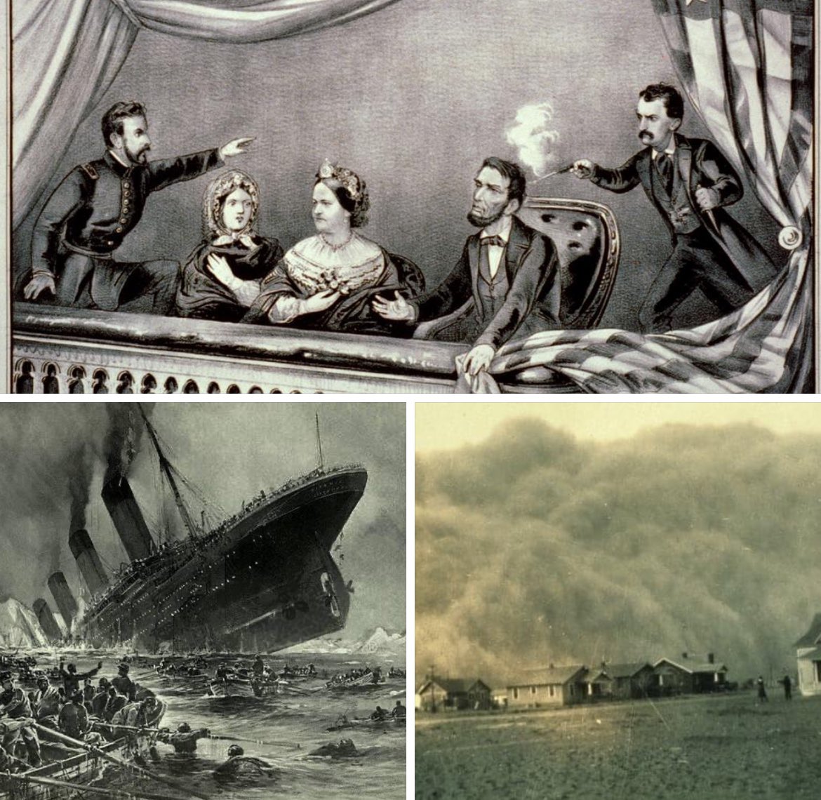 #OnThisDay in 1865 #Lincoln was shot, in 1912 #Titanic hit an iceberg, and in 1935 the 'Black Sunday' dust bowl storm blows through the prairie.