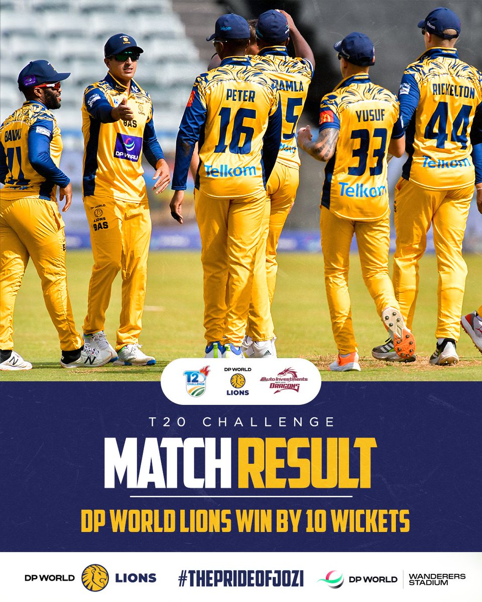 🦁 Easy Work for our Lions

DP World Lions win by 10 wickets, making it 2 wins on Double-Header Sunday ✌

👏 Hamza and Esterhuizen steered us home with ease! 🔥

#WozaNawe #BePartOfIt
#LionsCricket #ThePrideOfJozi