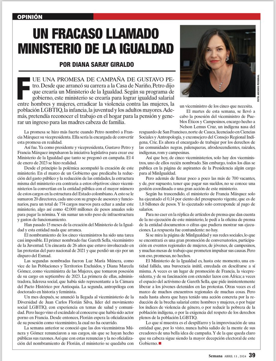 Si después de un año no han podido completar la nómina de viceministros y su ejecución se reduce al pago de salarios, queda demostrado que en uno de los países más desiguales la solución no es la creación de un Ministerio. Cumplida la promesa pero resultados CERO <a href="/DianaSaray/">Diana Saray Giraldo</a>