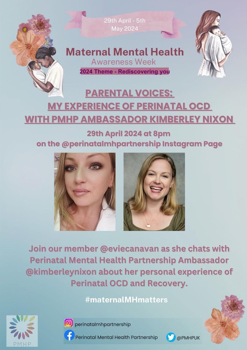 Our wonderful @eviecanavan will be chatting to our @PMHPUK Ambassador  @KimberleyNixon_ on Monday 29 April, 8pm. Watch it on our Instagram page 💜

#maternalmhmatters 
#perinatalmentalhealth
