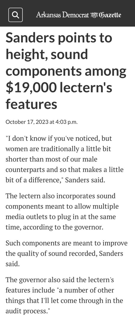 Whenever the #lecterngate audit findings and the Governor’s “Management Response” are made public, let’s not forget what Gov. Sanders said last October about why the fake Falcon lectern cost >$19K and how that compares to what the audit report says about the lectern. 🤥