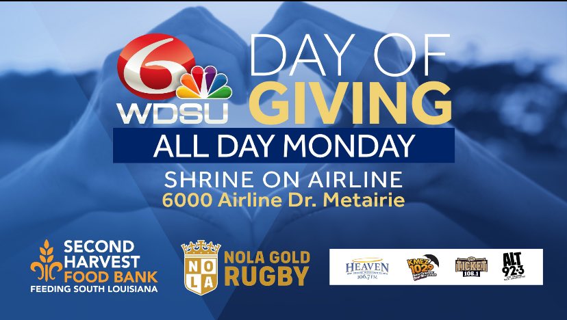 Please join us all day Monday @nolagoldrugby facility in Metairie … you can stop by, donate and help those impacted by the EF-2 tornado in Slidell. @WDSUMorgan and I will be live all day for @wdsu