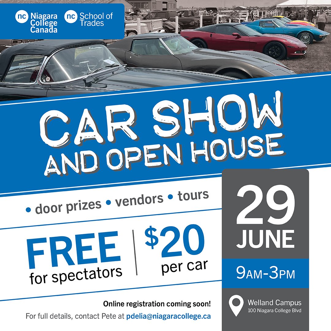 Join us for Niagara College's FIRST Car Show on Sat, June 29 from 10am-3pm at our Welland Campus. Enjoy a diverse array of cards, family-friendly activities, delicious food, and vendors for all car enthusiasts. Learn more here ⤵️ eventbrite.ca/e/niagara-coll…